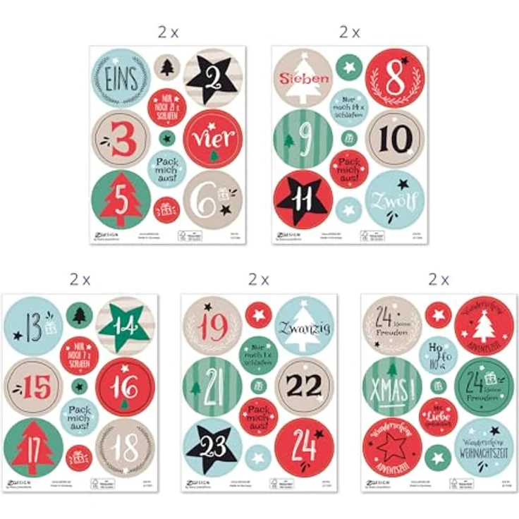 AVERY Zweckform Sticker Adventskalender Zahlen 1-24, selbstklebende Weihnachtsaufkleber, 109 Papiersticker auf 10 Bogen, Made in Germany – Bild 3