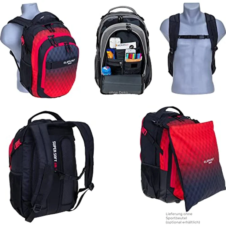 Elephant HERO Signature 2, 3-teiliges Schulrucksack-Set mit Laptopfach, Sporttasche und Mäppchen, 30 Liter, Rot – Bild 5