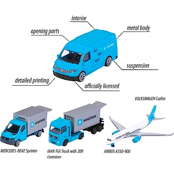 Majorette - Maersk Transport-Fahrzeuge (Geschenkset) - 4 Modellfahrzeuge aus Metall (Man Truck, Mercedes-Benz Sprinter, Volkswagen Crafter & Airbus Flugzeug), Spielzeug für Kinder ab 3 Jahre – Bild 4