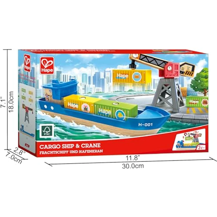 Hape Spielzeug-Schiff Frachtschiff mit Hafenkran, magnetischer Kran zum Entladen und Containerstapeln – Bild 3