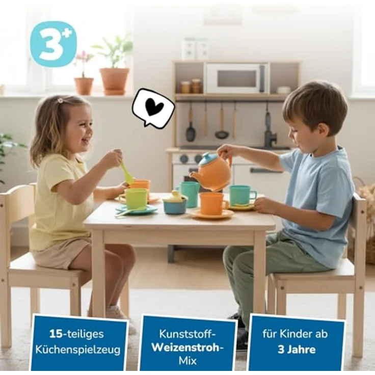 alldoro 60422 Teeservice Kinderküche, 15-TLG. Set aus Kunststoff-Weizenstroh, mehrfarbig, Rollenspiel Geschirr für Kinder ab 3 Jahren, Indoor & Outdoor – Bild 2