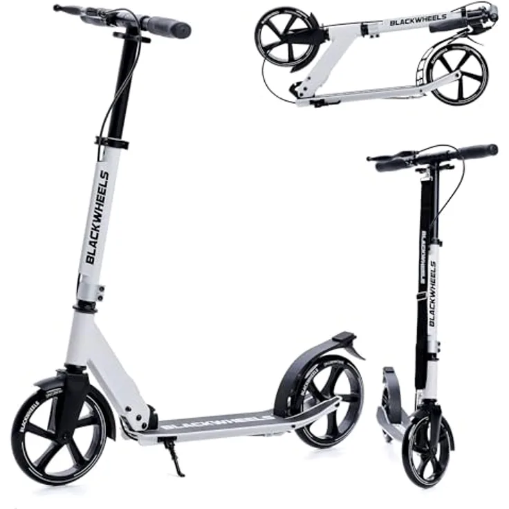 BLACKWHEELS ORIO City Scooter Bigwheel 200mm Klappbar Weiß, Tretroller Kickscooter bis 100kg, Doppelte Bremse, Tragegurt