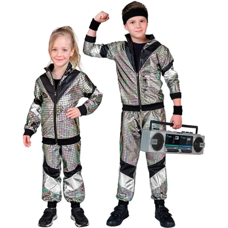 Widmann 80er Jahre Holo Trainingsanzug, Oberteil und Hose für Fasnacht und Partys, Größe 128