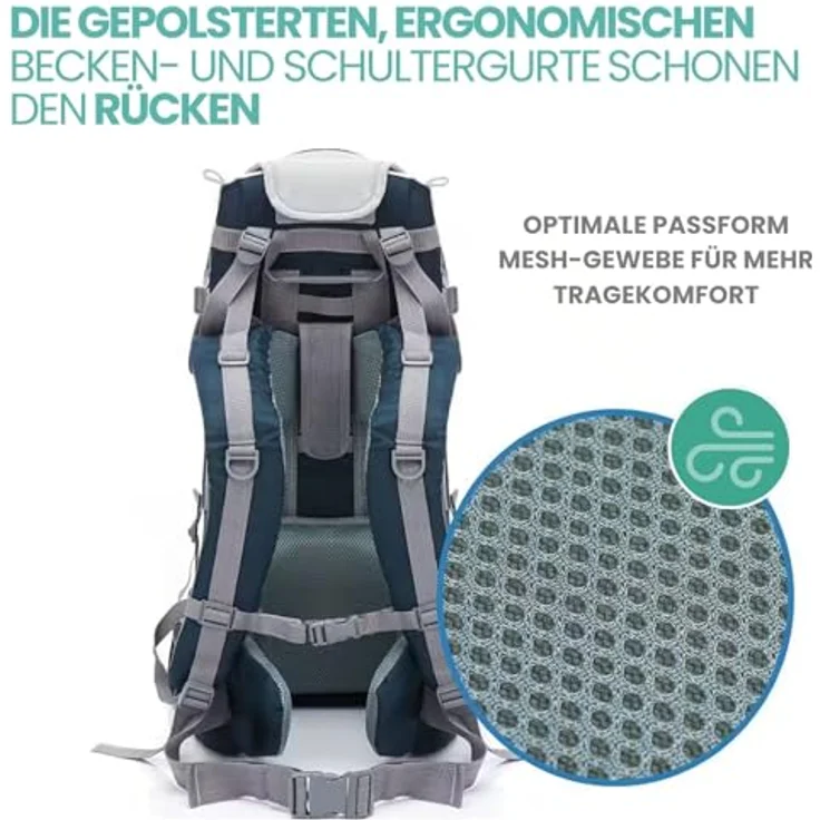 Fillikid Babytrage, Rückentrage für Baby & Kleinkind mit Sonnenschutz, blau, ergonomisch gepolstert, höhenverstellbar, für Wanderausflüge – Bild 3