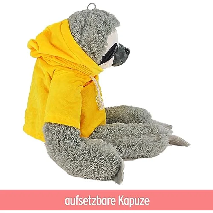BEMIRO Faultier Kuscheltier mit Kapuze - gelb Keep Smiling - ca. 70 cm, Faultier Kuscheltier mit Pulli, Kletthände zum anhängen, Plüschtier Faultier mit Hoodie – Bild 2