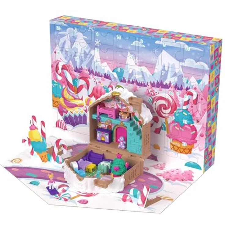 Polly Pocket Spielzeug-Adventskalender, Lebkuchenhaus mit 24 Überraschungsgeschenken und Minipuppe, für Kinder ab 4 Jahren