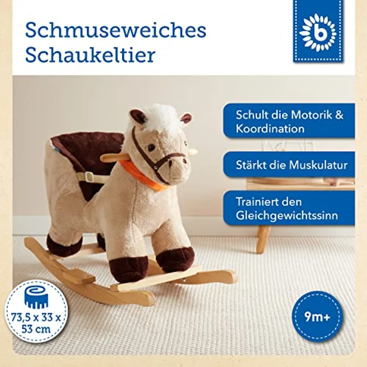 Bieco Plüsch Schaukeltier Pferd 73,5x33,5x53cm | Schaukelpferd Baby | Schaukeltier Baby | Kinderschaukel Indoor | Baby Wippe | Baby Schaukel | Schaukelpferd ab 1 Jahr | Baby Spielzeug ab 9 Monate – Bild 2