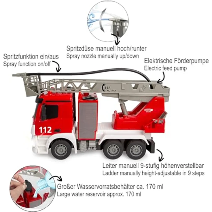 Jamara Feuerwehr Drehleiter Mercedes-Benz Antos 1:26, ferngesteuertes Modell mit 2,4GHz Funkfernsteuerung und Spritzfunktion für Kinder ab 6 Jahren – Bild 4