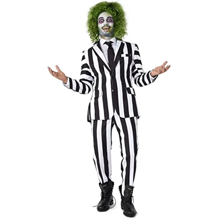 Suitmeister Beetlejuice XL, offiziell lizenzierter Anzug für Halloween und Mottopartys, Schwarz/Weiß gestreift