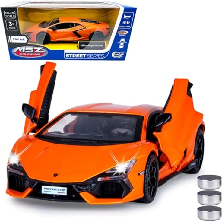 JAMARA Lamborghini Revuelto Diecast 1:32 Modellauto mit manuell öffnenden Türen, LED-Lichtern und Rückzugmotor, inkl. Knopfzellen – Bild 1