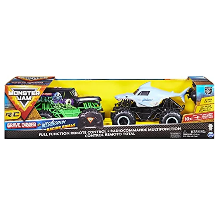 Monster Jam - Racing Rivals - Set mit 2 ferngesteuerten Monster Jam Trucks - Grave Digger vs. Megalodon (Maßstab 1:24) - umfangreiches Renn-Zubehör