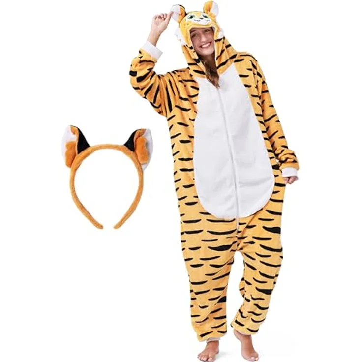 corimori Flauschiges Tiger-Kostüm für Erwachsene, Onesie mit Haarreif, super weich und wärmend, für Körpergröße 170-180 cm