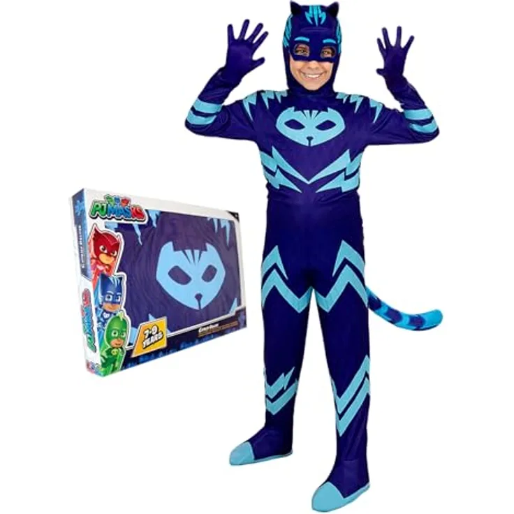 Funidelia Catboy PJ Masks Deluxe Kostüm für Kinder, Overall mit Schwanz, Maske und Handschuhen, blau, Größe 5-6 Jahre