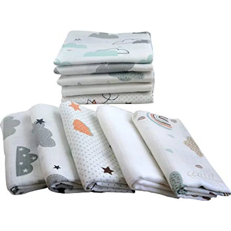 Mullwindeln 10 Stück Mix | Spucktücher Baby | Stoffwindeln 80 x 70 cm | Saugfähige Mulltücher | Öko-Tex (Set Unisex Wolken) – Bild 2