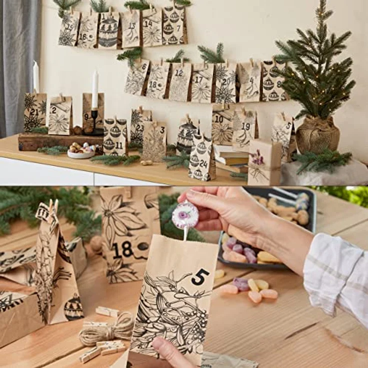 LIVAIA Adventskalender zum Befüllen 2023 – Papiertüten, Zahlen Aufkleber, Band, Holz Klammern – DIY Bastelset mit weihnachtlichen Motiven – Bild 4
