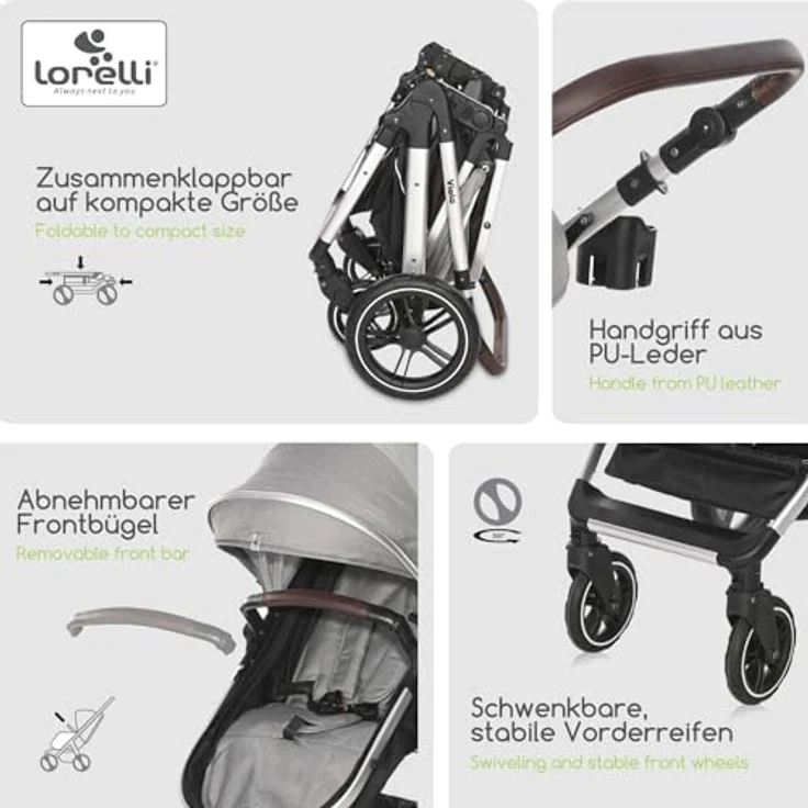 Lorelli Kinderwagen Viola 2 in 1, Kombikinderwagen bis 22 kg inkl. Babywanne und Sportsitz, grau, großartige Gummireifen und Federung – Bild 5
