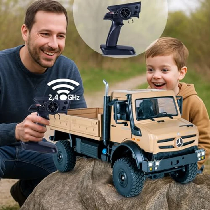 Jamara Kids Mercedes-Benz Unimog U5023, Ferngesteuertes Modellfahrzeug im Maßstab 1:14, beige, mit 2,4 GHz Steuerung und robustem Li-Ion-Akku (900 mAh) – Bild 2