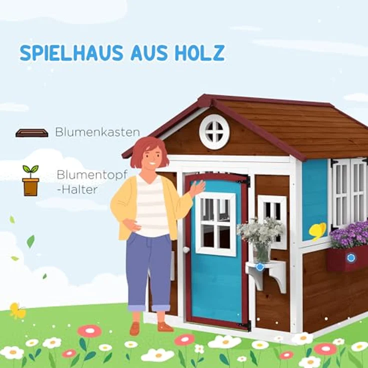 Outsunny Kinderspielhaus aus Holz, Outdoor Spielhaus mit Fenster, Blumenregal und Pflanzenkasten, für Kinder 3-8 Jahre, dunkelbraun – Bild 3