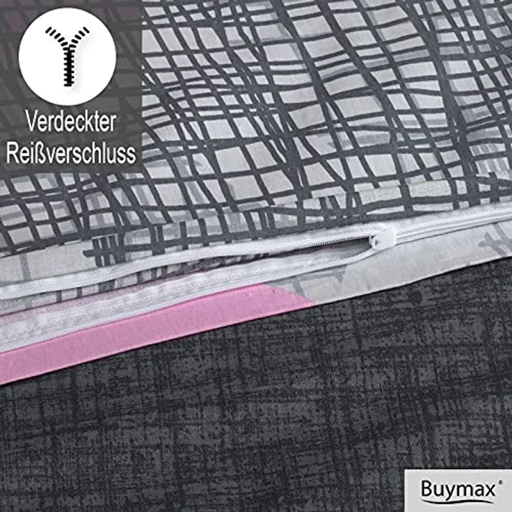 Buymax Bettwäsche 135x200 Baumwolle 2-Teilig Bettgarnitur mit Bettbezug und Kissenbezug 80x80 Renforce Gitter-Muster Kreise Netz Bettwäsche-Set, Antrazit-Grau Rosa – Bild 3