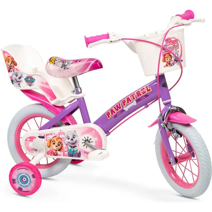 T&Y Trade Kinderfahrrad 12 Zoll Paw Patrol LILA, 1 Gang, Puppensitz, Korb, Stützräder