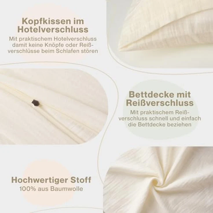Blumtal Musselin Bettwäsche 200x200 cm - Oeko-TEX zertifizierte atmungsaktive Baumwolle - Sommerbettwäsche Beige – Bild 4