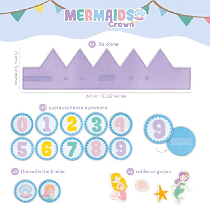 BONNYCO Geburtstagskrone Mädchen Meerjungfrau, mit auswechselbaren Zahlen von 0 bis 9, pastelllila und pastellblau, ideal für Geburtstage und Karneval – Bild 2