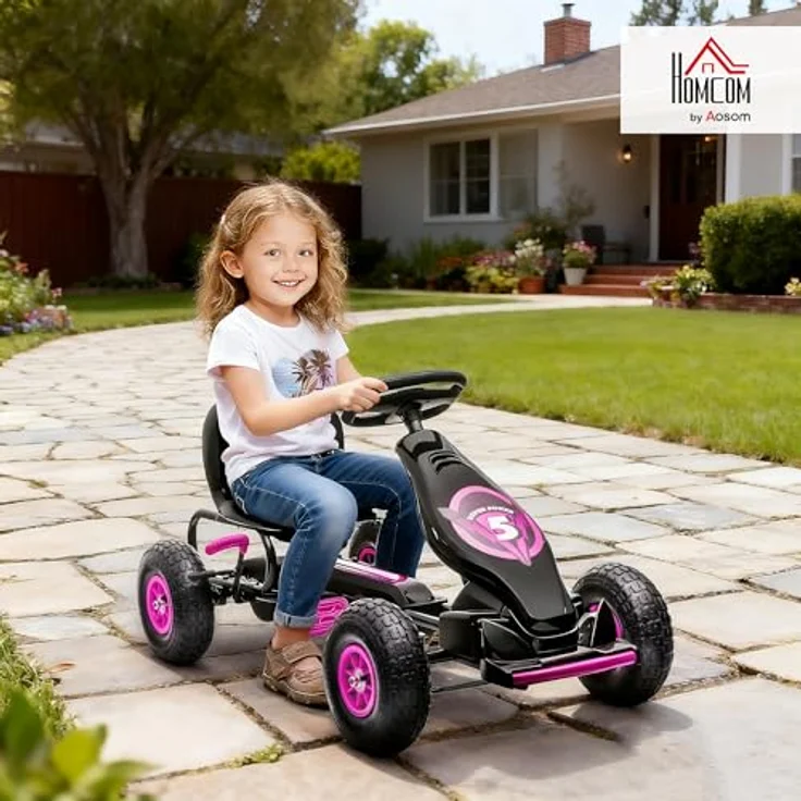 HOMCOM Go-Kart Kinderfahrzeug mit verstellbarem Sitz, Tretfahrzeug, Handbremse, für 5-12 Jahre Kinder, Rosa, Schwarz – Bild 3