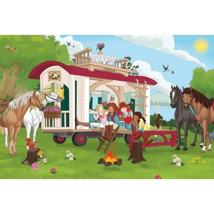 Schmidt Spiele 56463 Horse Club Kinderpuzzle, Lagerfeuer am Wohnwagen, 100 Teile mit Hannoveraner Fohlen Figur, 36,1 x 24,3 cm, ab 6 Jahren