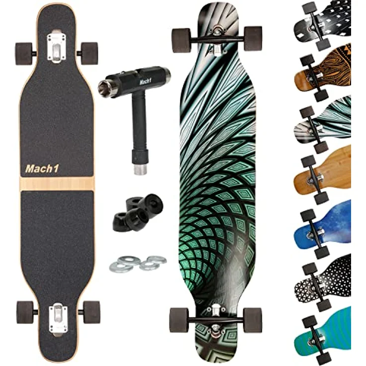 Mach1 Bambus Longboard mit Keramik Kugellager + T-Tool - Skateboard Drop Through Cruiser Komplettboard (Mystery) – Bild 1