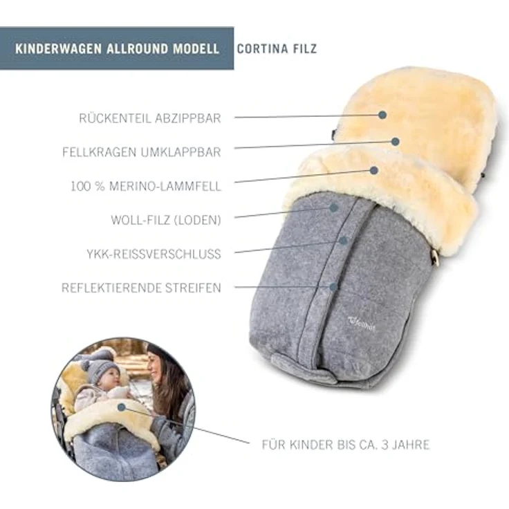 Fellhof Lammfell-Fußsack Cortina Filz, Fußsack für Kinderwagen & Buggy, 100 % Merino-Lammfell, hellgrau, waschbar bei 30 °C – Bild 2