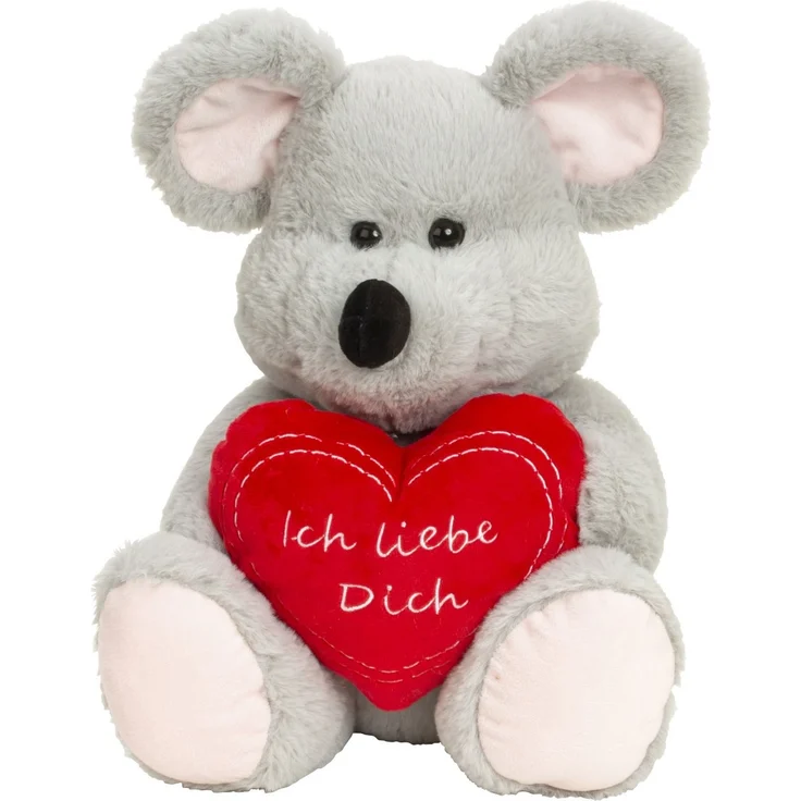 Geschenkestadl Kuschelmaus mit Herz, 30 cm Plüsch-Tier mit Aufschrift "Ich liebe dich", grau mit roten & hellrosa Details