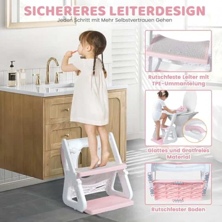 Orzbow Toilettensitz Kinder mit Treppe, stabiler dreieckiger Struktur, verlängerter Spritzschutz, rutschfest und faltbar, PVC-Polster, rosa – Bild 5