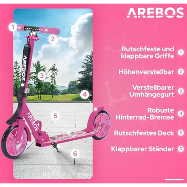 Costway Höhenverstellbarer Tretroller, Pedalbremsung, Tragkraft 100 kg, 4-fach höhenverstellbar, rosa – Bild 3