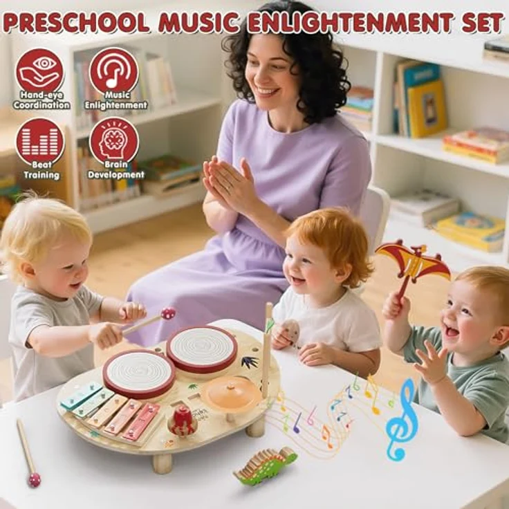 Lehoo Castle Holz Montessori Musikinstrumente Set, 8-teiliges Kinder Schlagzeugset mit Xylophon, Trommel, Windspiel und mehr, ab 3 Jahre – Bild 3