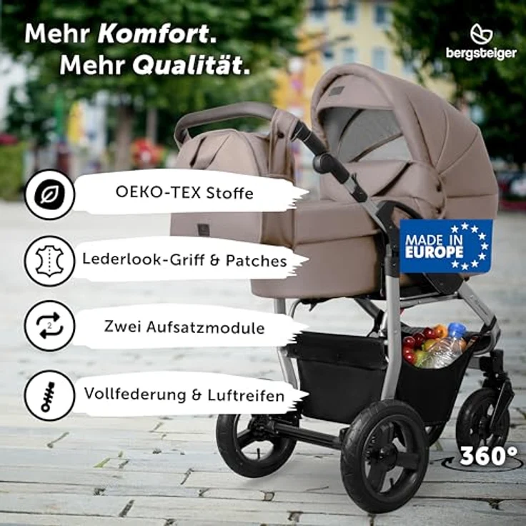Bergsteiger Capri 2-in-1 Kombikinderwagen, Babywanne & Sportsitz, Luftreifen, Rahmenfederung, höhenverstellbarer Griff, faltbar, mit Zubehör – Bild 2
