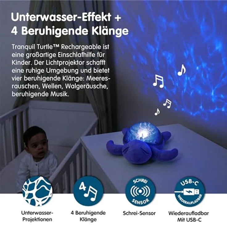 Cloud b Tranquil Turtle™ wiederaufladbares Ocean Musik-Nachtlicht | Unterwasserprojektionen | 4 beruhigende Geräusche | Helligkeit einstellbar | Timer | Tränenmelder | recycelter Stoff – Bild 2
