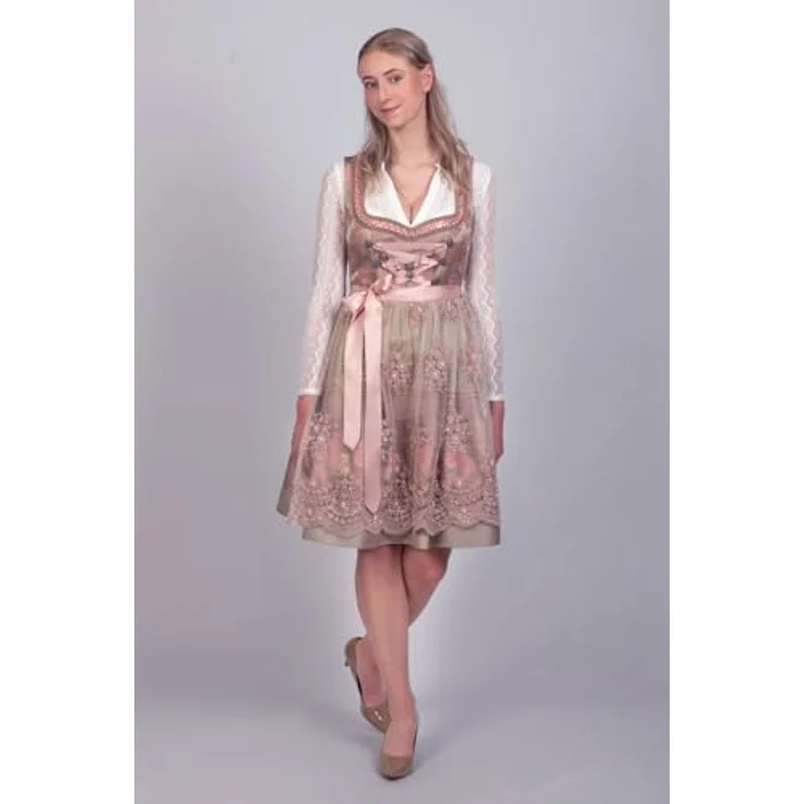 Edelnice Rosalie Dirndl, goldenes Brokatstoff mit rosé Rosenmuster, handgefertigtes Charivari – Bild 3