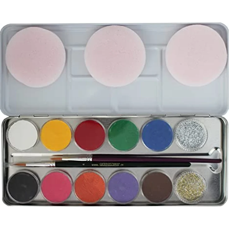 Eulenspiegel 212202 - Profi-Aqua Schminke, 10 Farben, 2 Glitzer, 2 Profi-Pinsel, Metall-Palette – Bild 2