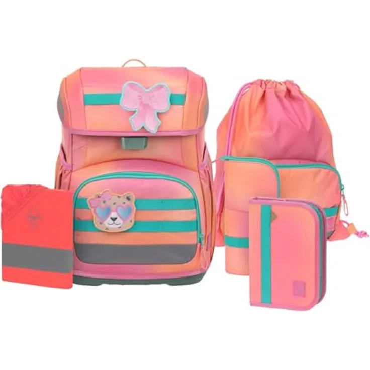LÄSSIG Schulranzen Set Light Unique, 7-teiliges Schulset mit ergonomischem Tragesystem, geräumigem Hauptfach, Regenhülle und reflektierenden Elementen, Sunset Pink apricot