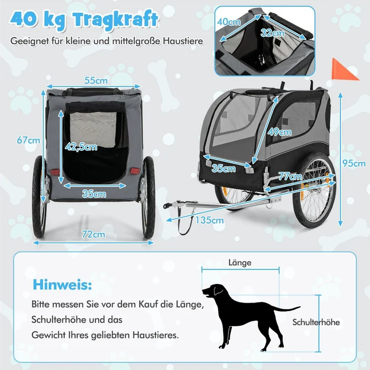 Northix Fahrradanhänger für Haustiere, faltbar, 40 kg Tragkraft, Grau, mit Sicherheitsmerkmalen und guter Belüftung