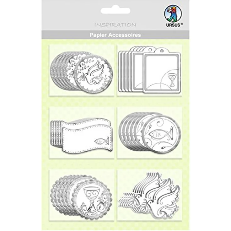 Ursus 56500056 - Papier Accessoires Charity, christliche Symbole, silber/weiß, 36 Stück in 6 Motiven, einseitig bedruckt und veredelt, ideal zur Verzierung von Karten, Scrapbooking und Geschenken