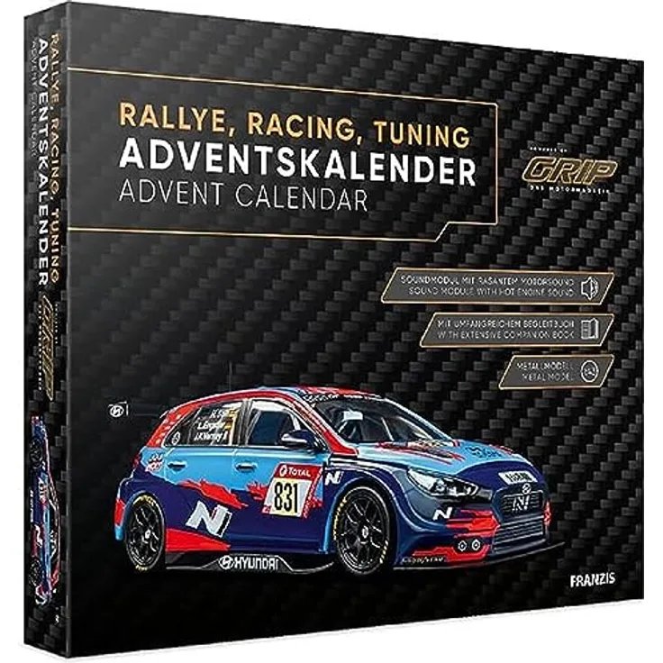 FRANZIS 67192 - Adventskalender Rallye, Racing, Tuning, powered by GRIP, Modellbausatz eines Rennfahrzeugs im Maßstab 1:43