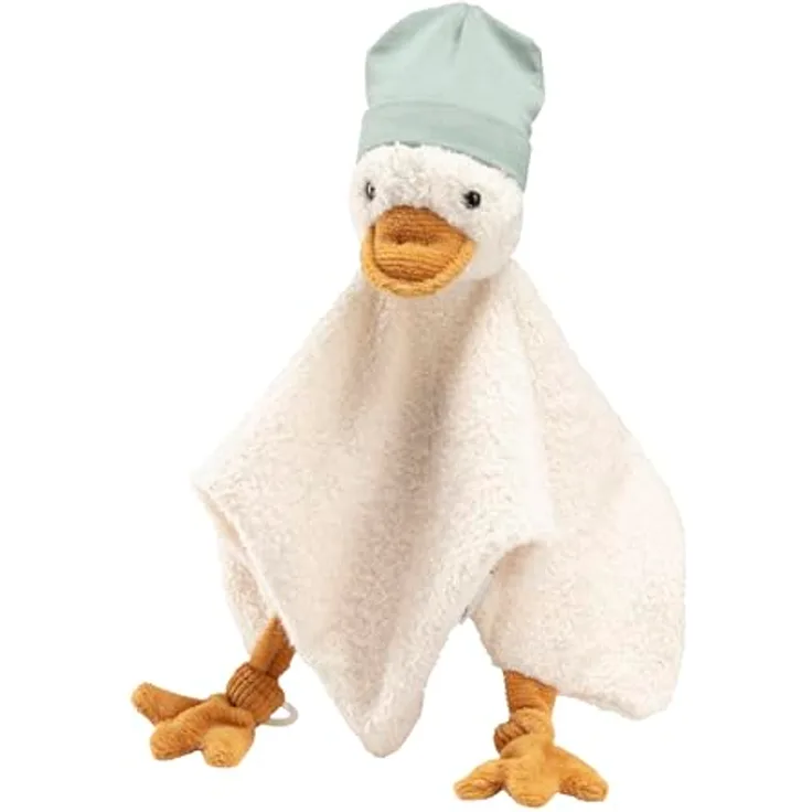 Schmusetuch, Kuscheltier, Trösterchen mittel Ente Edda Lou mit Beanie Mütze und Silikonring für Schnuller, Einschlafhilfe für Jungen und Mädchen