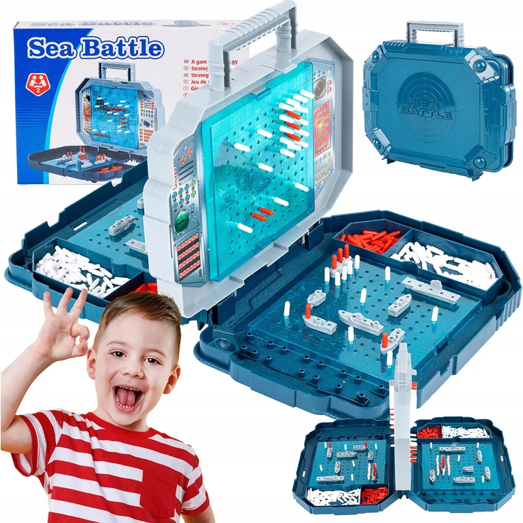 Kinderplay Strategisches Schiffe-Versenken-Spiel – Seeschlacht im Koffer, Brettspiel für 2 Personen, klappbares Spielbrett mit Doppelfunktion, ab 3 Jahren