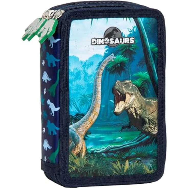Goldkids Federmäppchen 3 Fächer, gefüllte Schüleretui 44-teilig mit Dinosaurier Motiv, robust und faltbar, inkl. 18 Filzstifte, 18 Buntstifte, 3 Kugelschreiber und Hausaufgabenheft – Bild 2