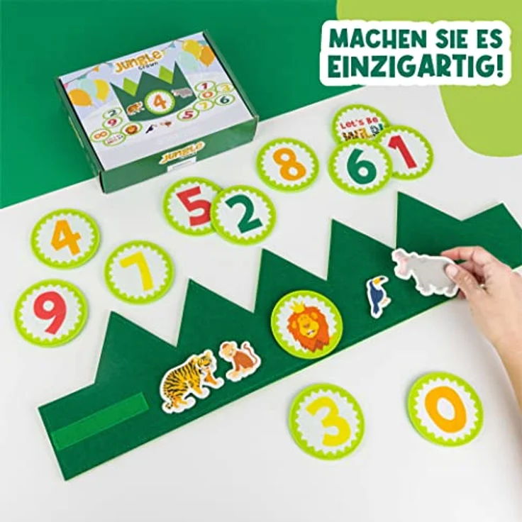 BONNYCO Geburtstagskrone Dschungel für Jungen und Mädchen, auswechselbare Zahlen 0-9, 4 Figuren, ideal für 1. Geburtstag, grün – Bild 3