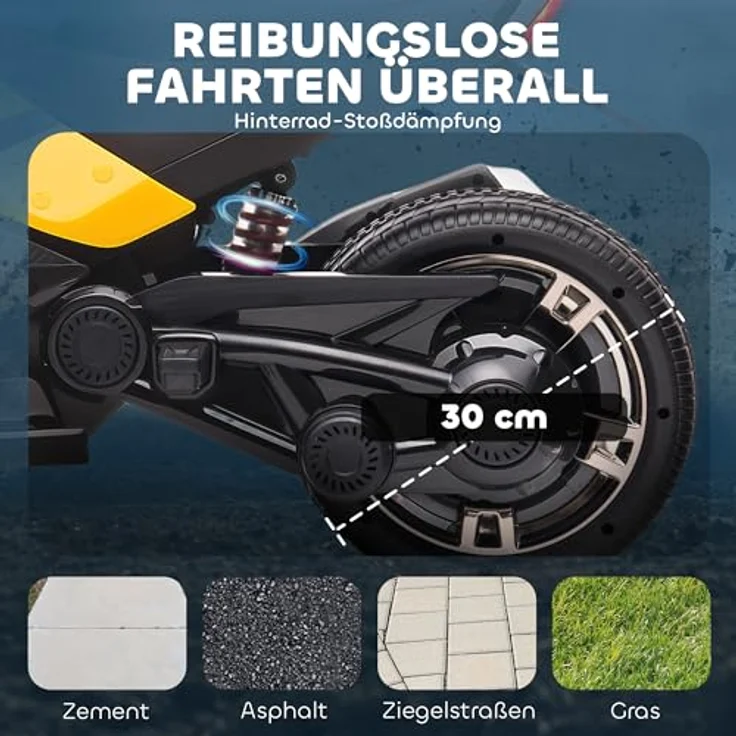 AIYAPLAY Elektro Quad für Kinder, 12V mit 3 Rädern, Vorwärts- und Rückwärtsfunktion, MP3-Player, LED-Leuchten, 2 Geschwindigkeiten 3-5 km/h, für 3-8 Jahre, Gelb – Bild 5