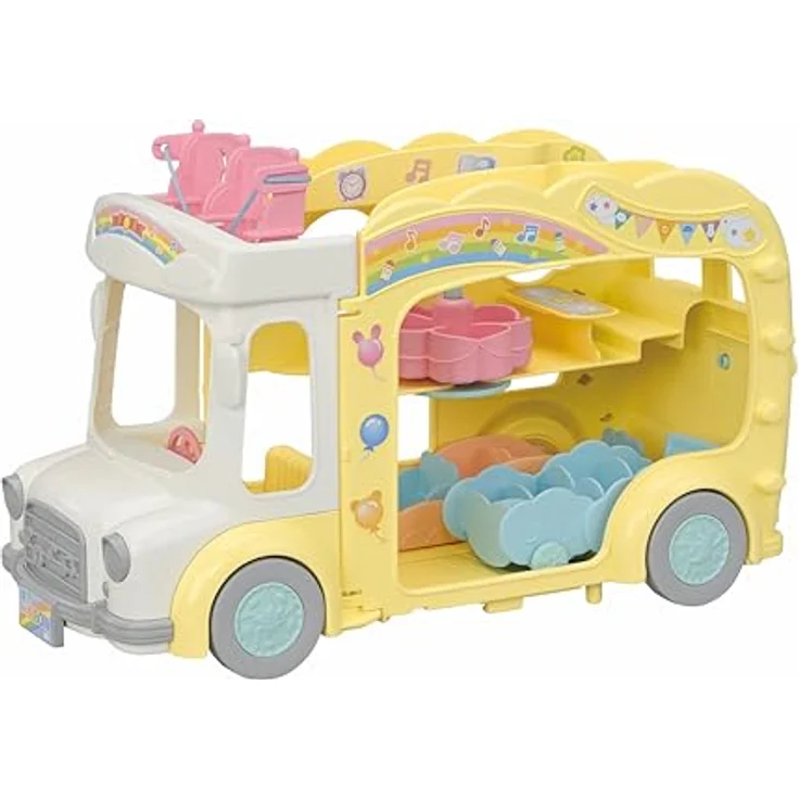 Sylvanian Families Erlebniskindergarten Bus Regenbogen (5744), 3stöckiger Spielzeug-Bus für bis zu 28 Figuren mit großem Spielplatz – Bild 1
