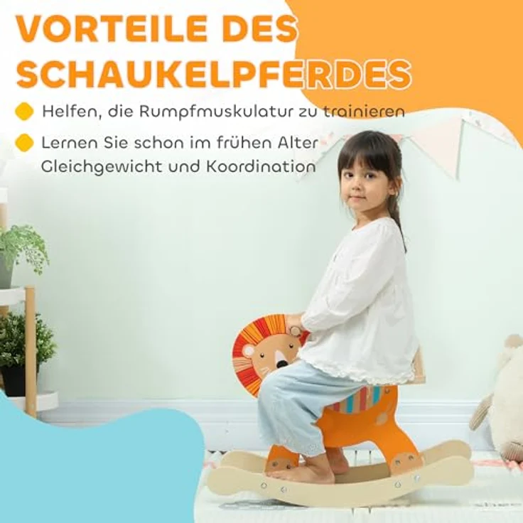 AIYAPLAY Schaukelpferd Holz, Löwentema mit Haltegriffen und kippsicherer Basis für Kinder von 2-5 Jahren, orange – Bild 3