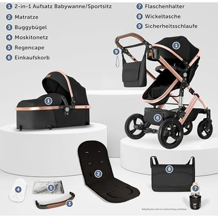 Bergsteiger Nizza 3 in 1 Kinderwagen, Kombikinderwagen Komplettset, inklusive Babywanne & Buggy Sportsitz, optional mit Auto-Babyschale & Isofix Station - Bergsteiger Nizza Kinderwagen Set, grau – Bild 3